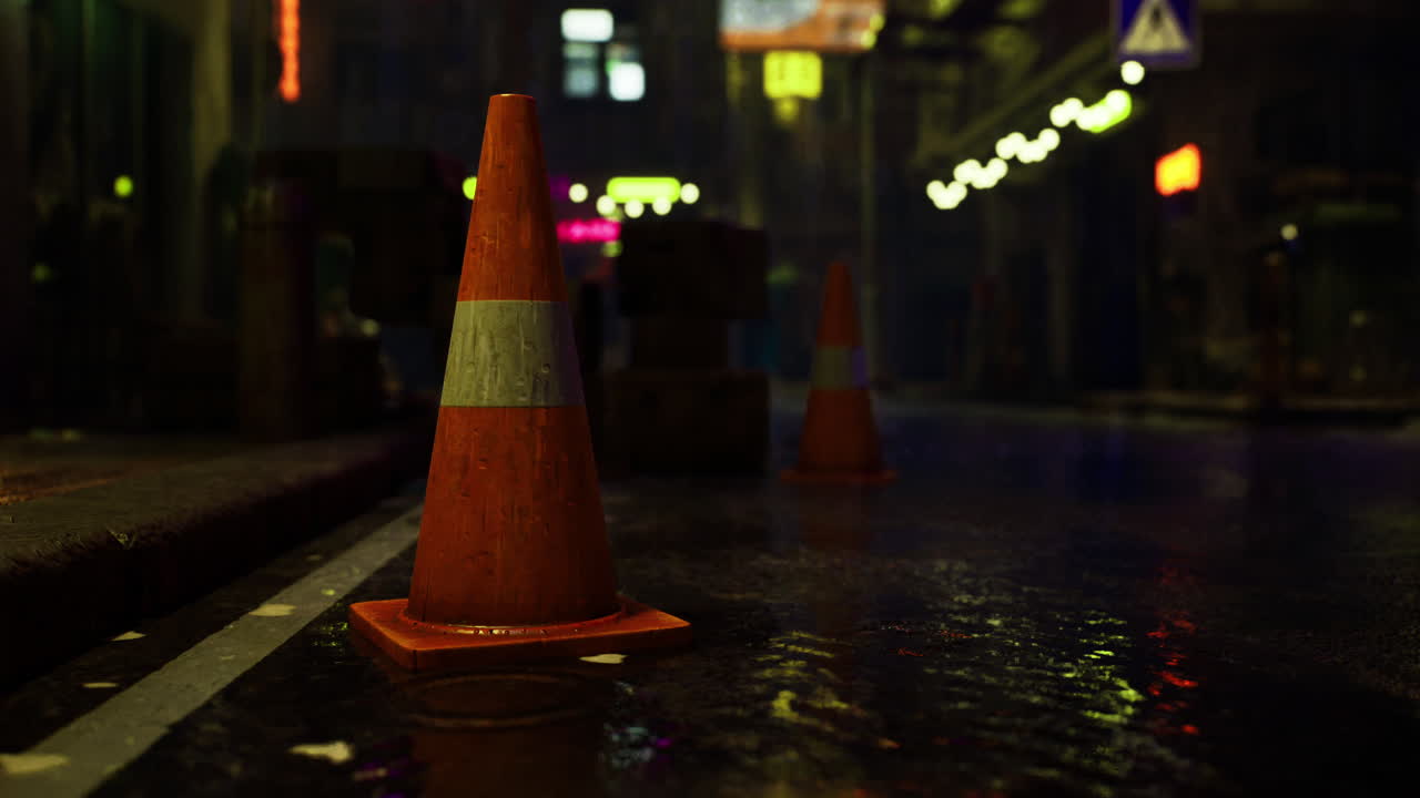 Raindrop reflections on urban street with traffic cones at night