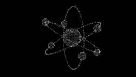 planetary model of atom with nucleus and electrons spining on orbits. nuclear nano technology. wireframe low poly mesh technology