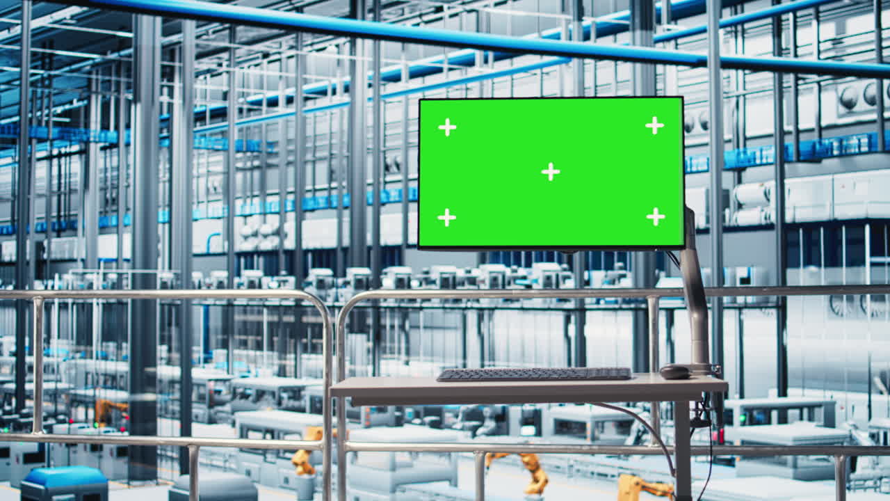 Tracking software displayed on green screen mockup monitor in smart factory