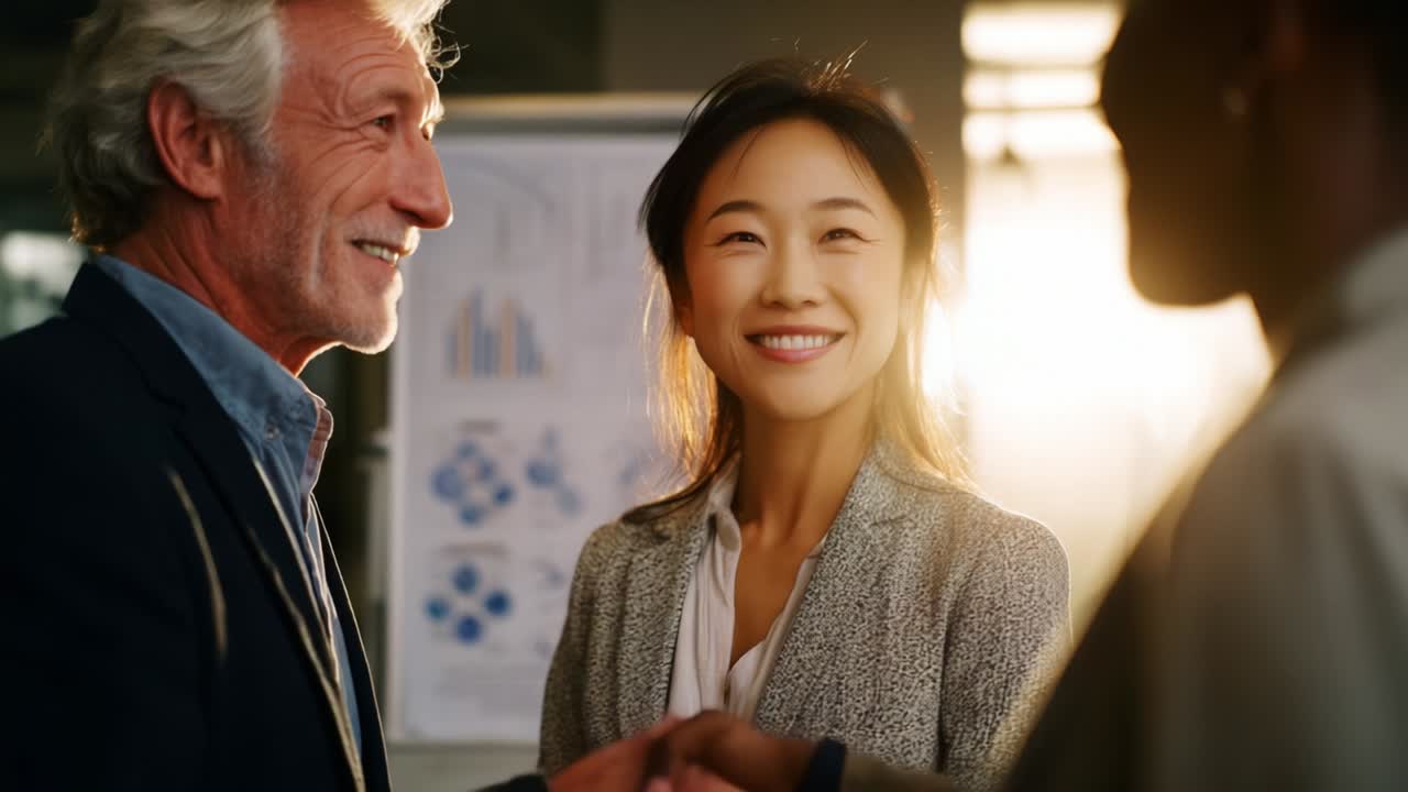 A professional meeting showcasing a warm handshake between two colleagues, illustrating the significance of connection and collaboration in a thriving business environment, enhanced by natural lighting from behind