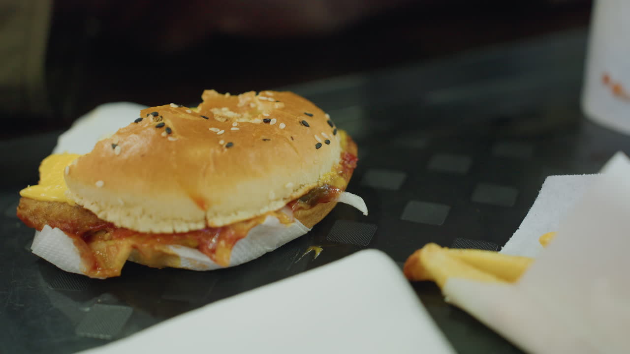 Close up of dark hand reaching to take fries beside burger with sesame seed bun, melted cheese, ketchup, and paper wrap, casual dining atmosphere highlighting fast food snack