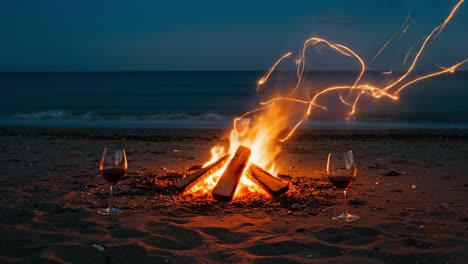 a tranquil evening by the shore: the warm glow of a beach bonfire surrounded by wine glasses, capturing the essence of relaxation and togetherness in nature
