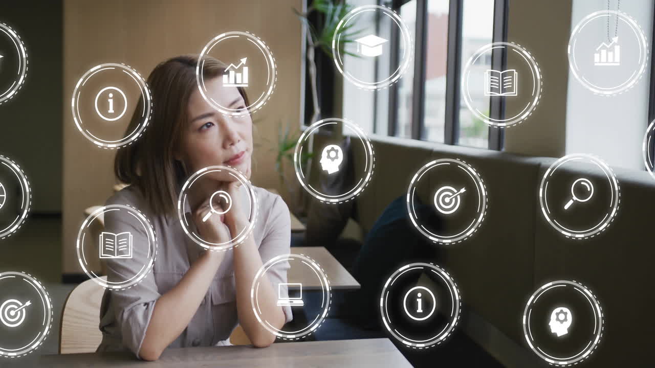 사무실에서 아시아 사업가 여성에 대한 아이콘 네트워크의 애니메이션