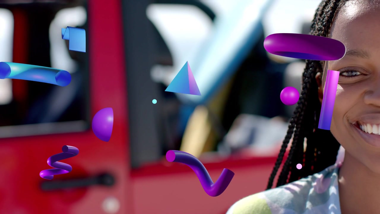 Woman beside red vehicle smiling, 3D shapes appearing left, crossing frame and inspiring marketing