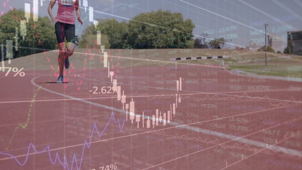 datos financieros y animación del mercado de valores sobre el atleta que corre en la pista