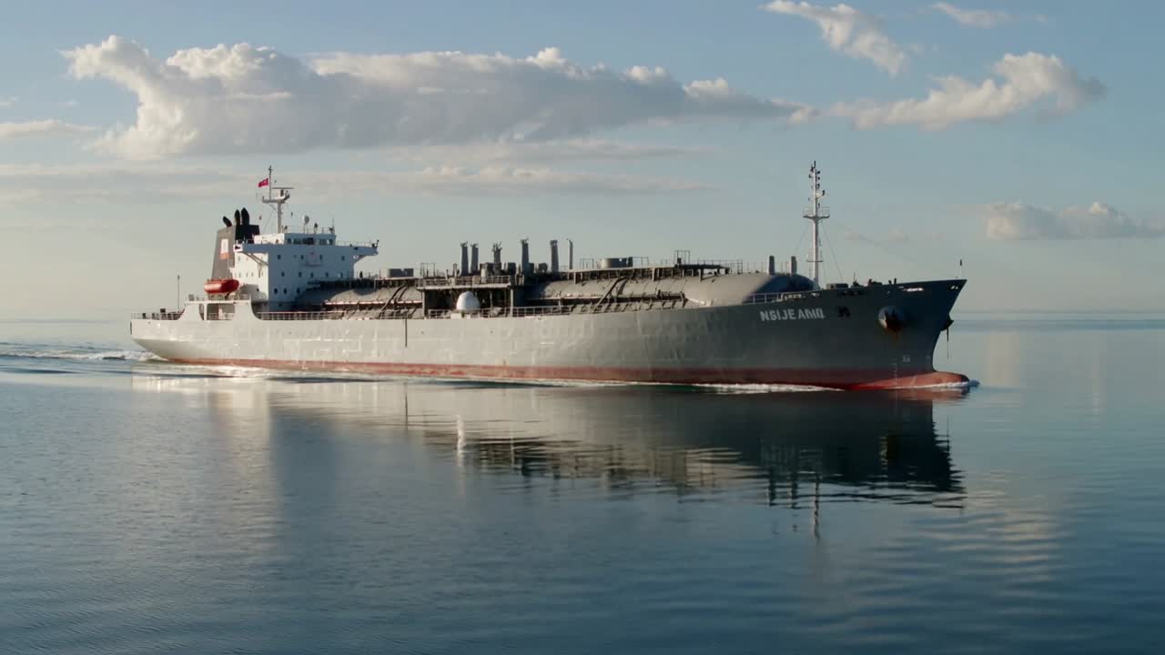Tanker moving rightward after engine thrust, making wake and shifting hull reflection for shipping