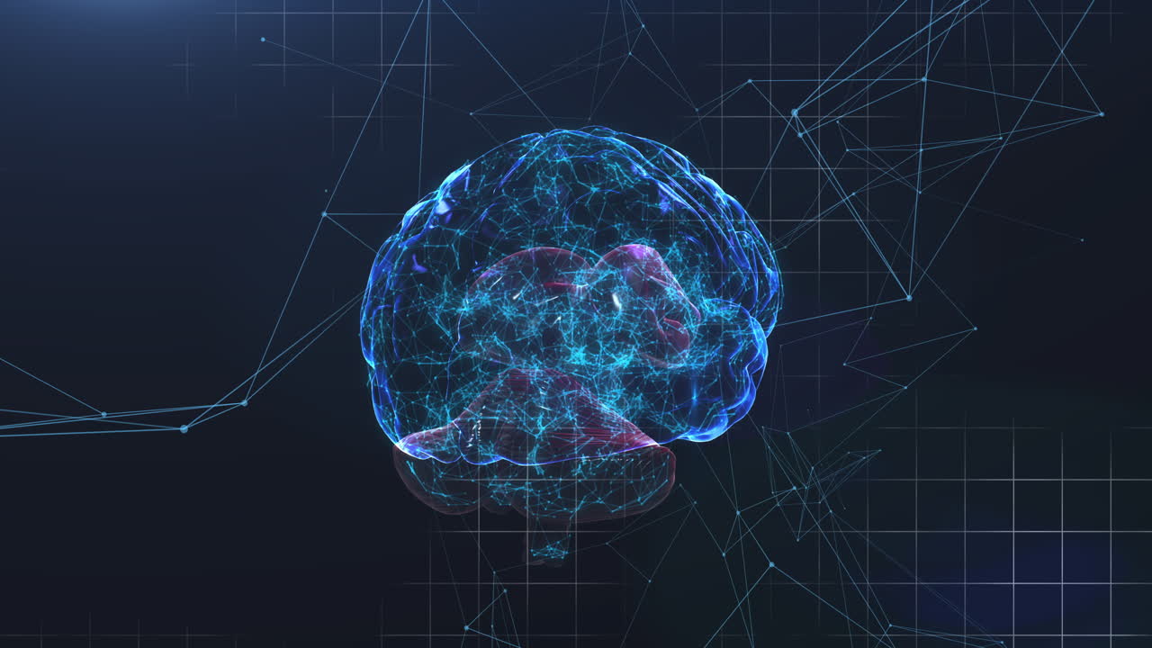 Spinning brain against network of connections on black background
