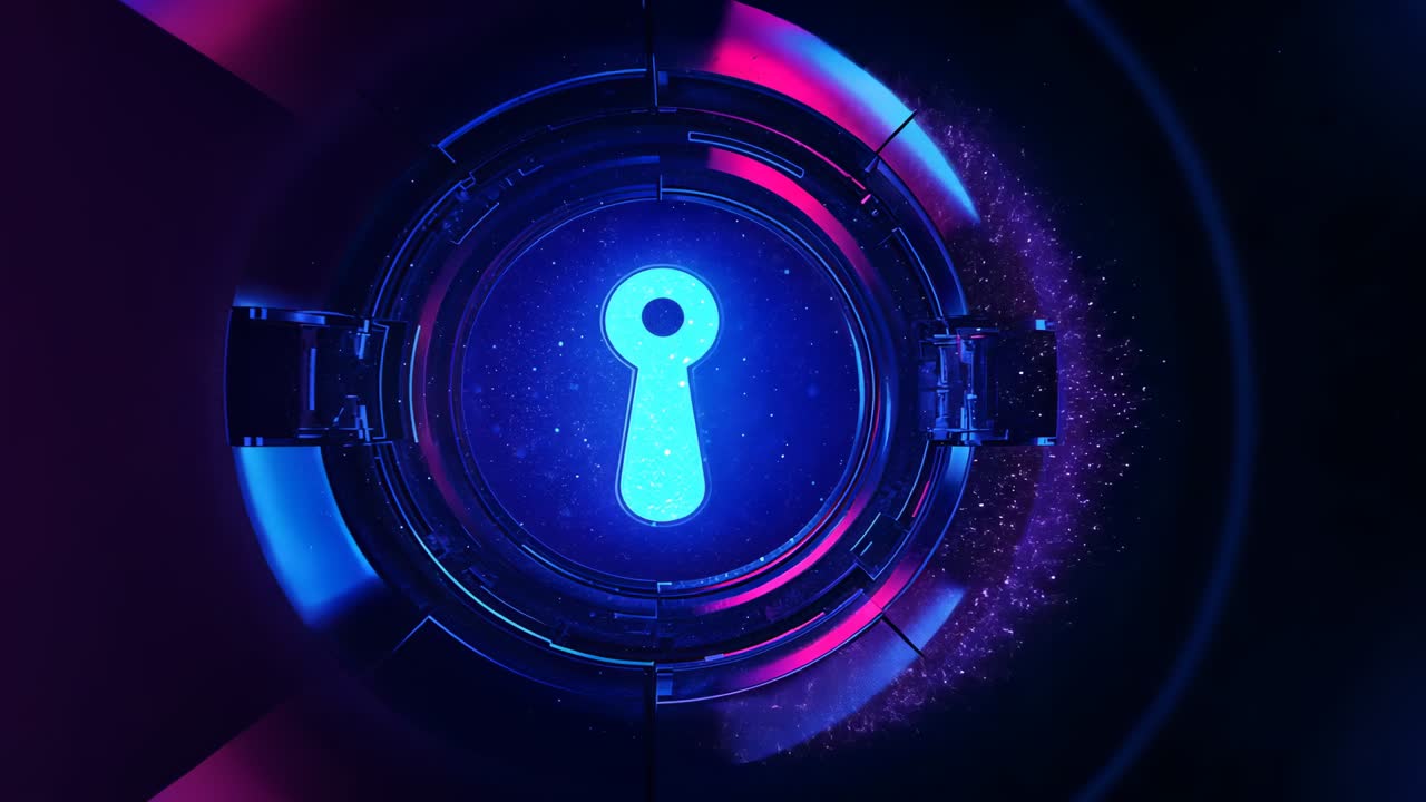Starting circular lock rotating panels releasing particles, revealing blue keyhole in digital space
