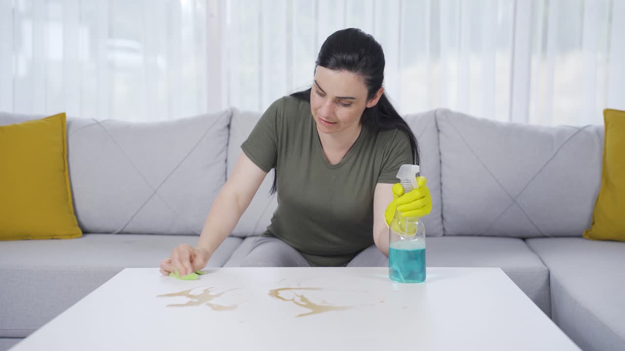 고집스러운 얼룩과 싸우는 여자.