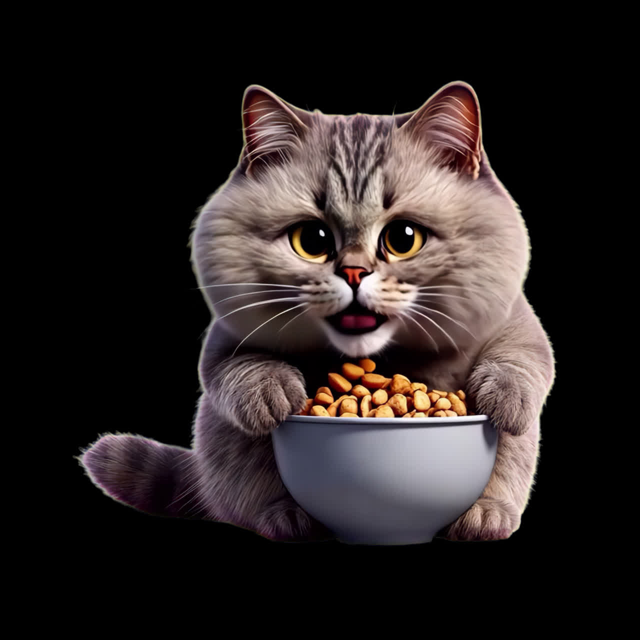 Niedliche Katze, die frisst, Animation, isoliertes Element, transparentes 4K-Video, Alpha-Kanal, ProRes