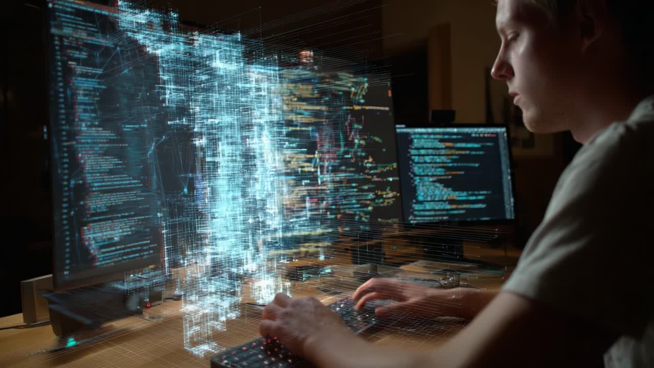 A Focused Programmer Engaged in Complex Coding with Advanced Digital Visualizations Displayed on Multiple Monitors, Highlighting the Intersection of Technology and Human Skill in Software Development