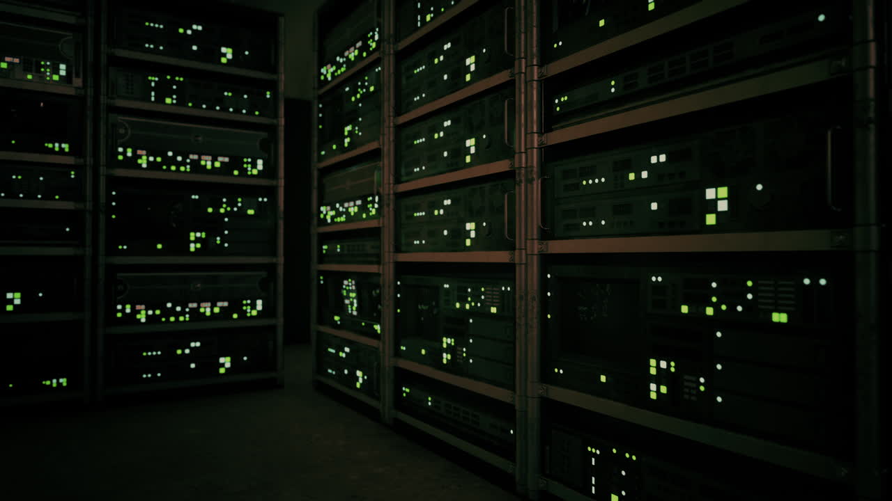 gran sala de servidores oscuros de datos con equipos brillantes