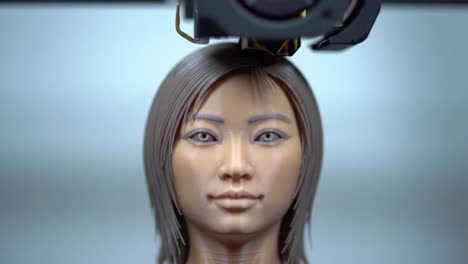 a close-up exploration of a lifelike robotic human head undergoing advanced manufacturing techniques in a studio environment