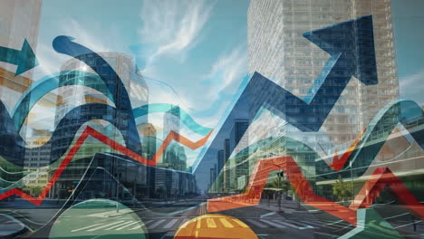 urban landscape with overlaid financial growth graphics