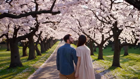 couple enjoying cherry blossoms in a park