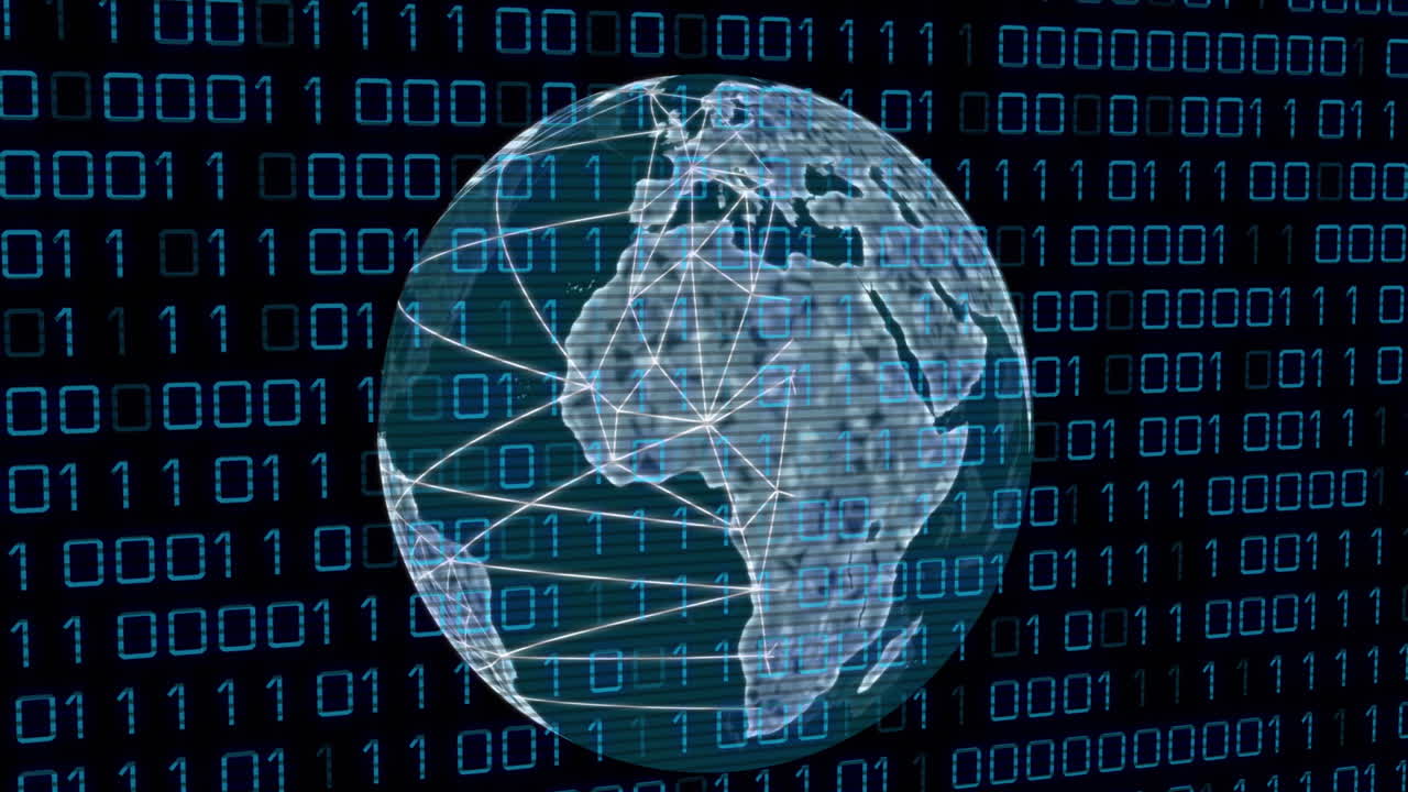 Animation of binary codes and lines around rotating globe over black background