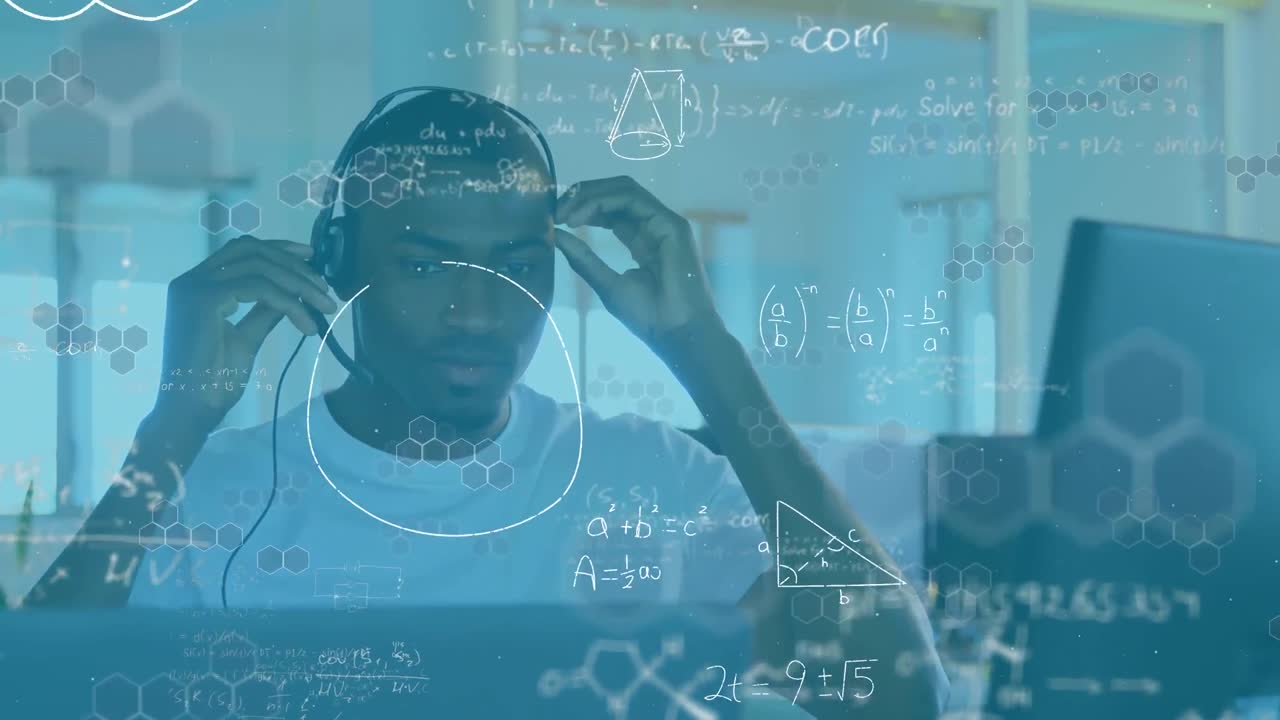 Animation of mathematical equations over businessman using phone headset in office