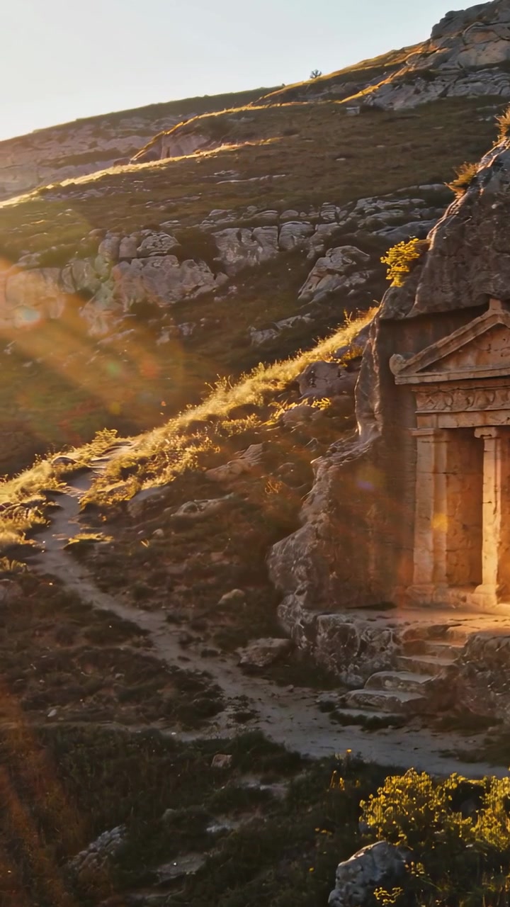 Video verticale: Sole che si muove lungo il fianco della collina, rivelando l'ingresso e le colonne di un tempio scavato nella roccia, spazio per il testo.