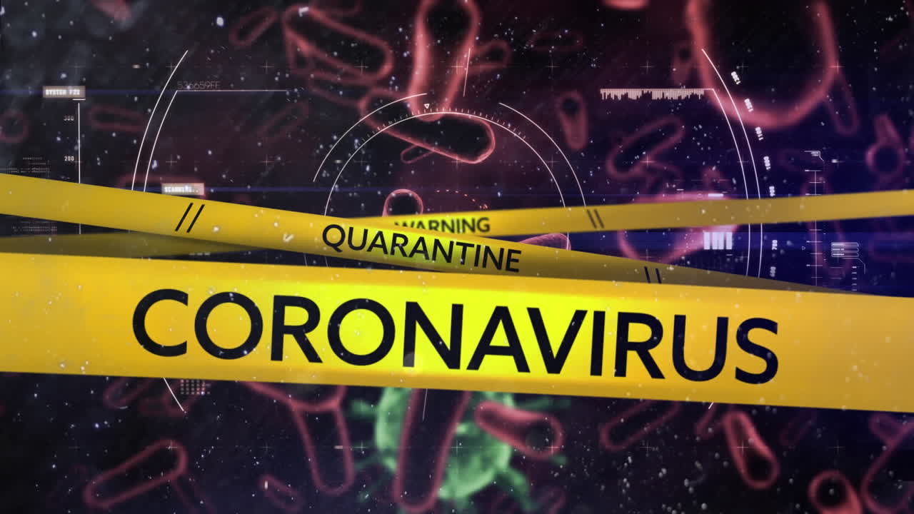 escaneo de alcance y cintas amarillas de la policía contra las células de covid-19 que se mueven
