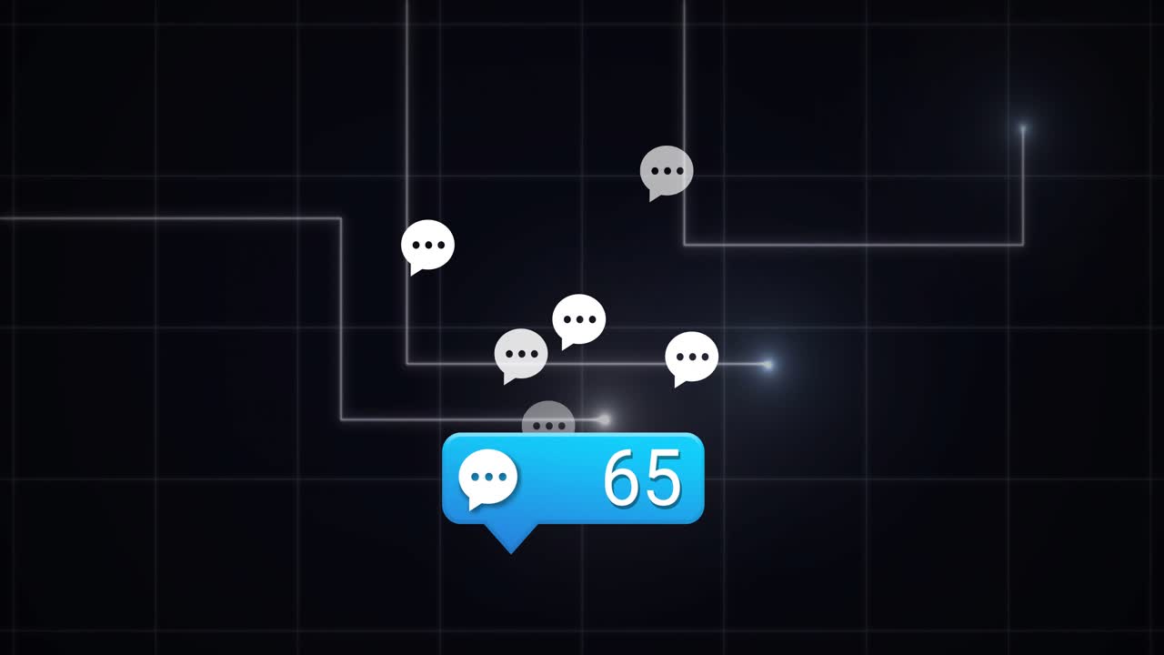 Blue chat bubble popping, confetti bursting, linking lines filling count showing incoming messages