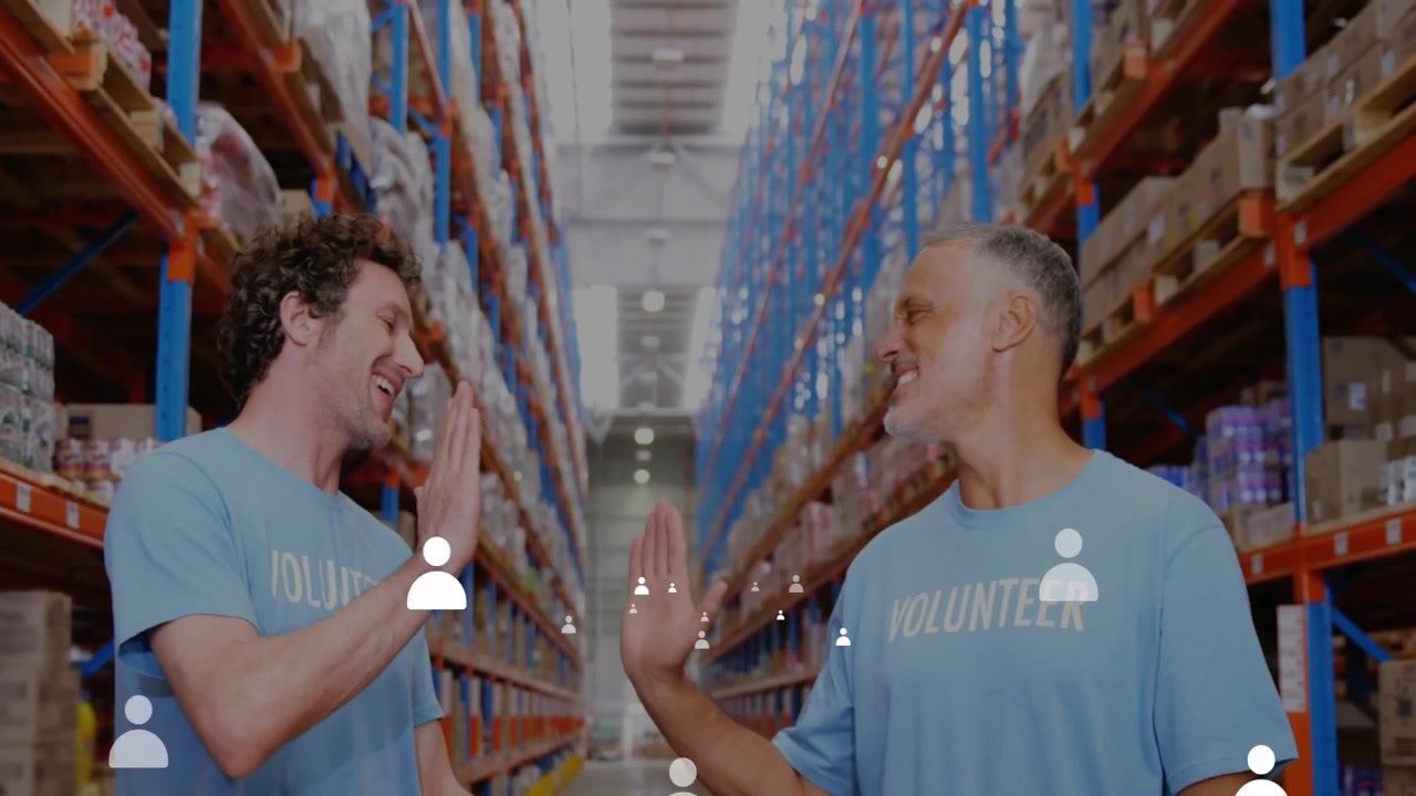 logistics volunteers stacking supplies in warehouse, showing animated inventory charts above racks