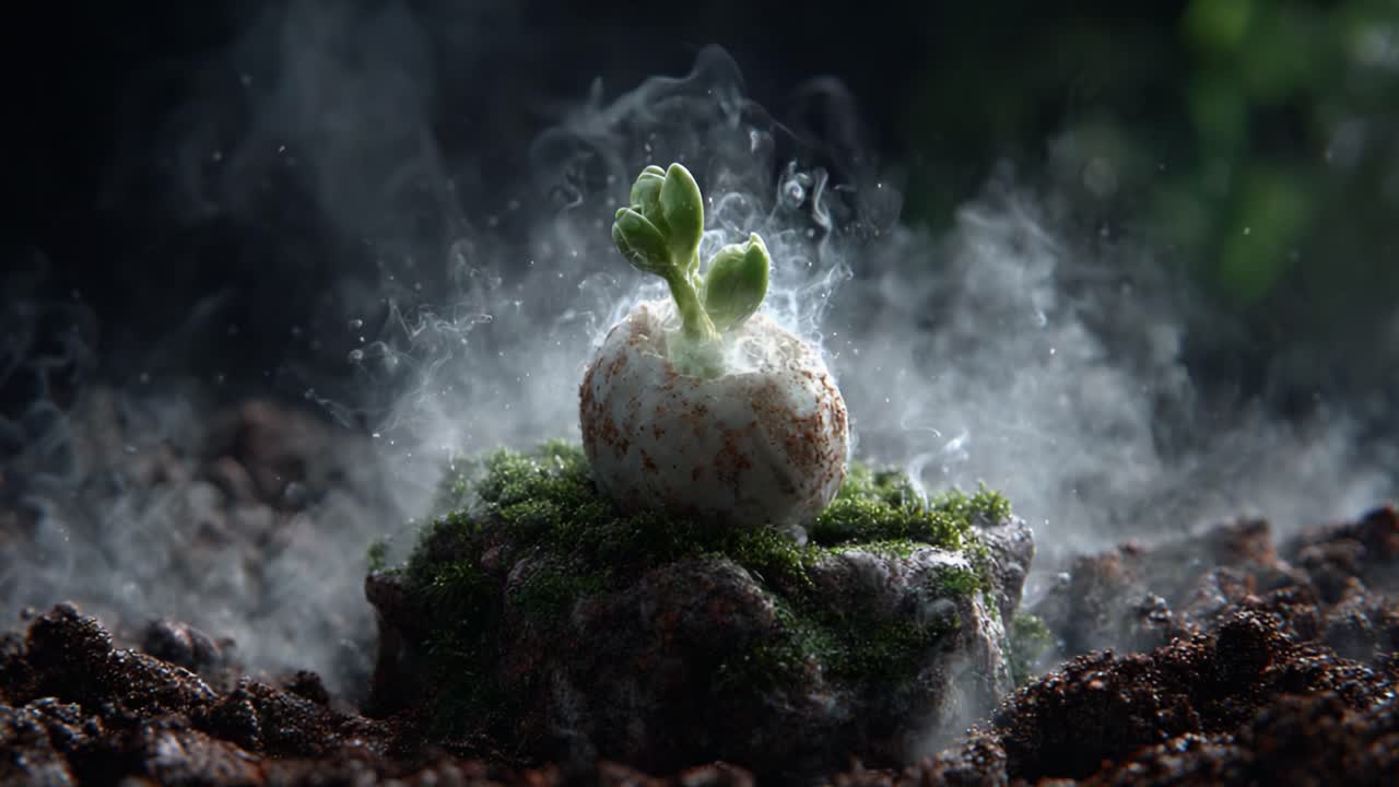 A Captivating Transformation: Witness the Emergence of New Life as a Green Sprout Breaks Through Its Shell, Surrounded by Mist and Enveloped in the Richness of Nature's Soil