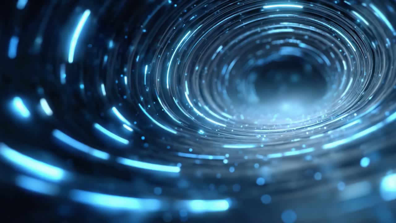 A mesmerizing spiral of glowing blue lights creates an enchanting visual effect, drawing the viewer into the depths of a digital vortex with intriguing depth and clarity