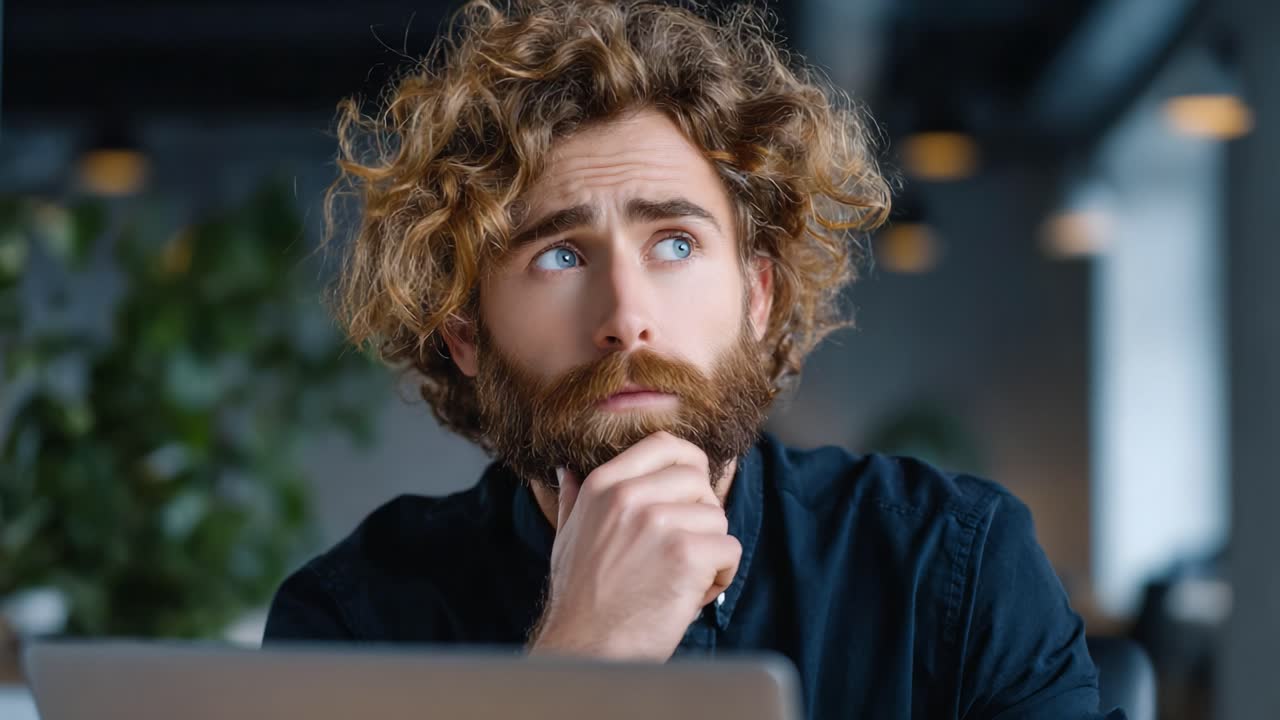 Contemplative Moments: A Young Man Deep in Thought While Working on His Laptop, Capturing the Essence of Focus and Reflection in a Modern Workspace Environment