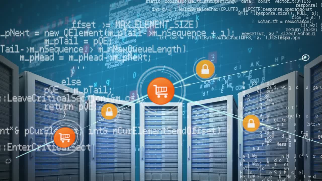 An animation of data processing over a server room