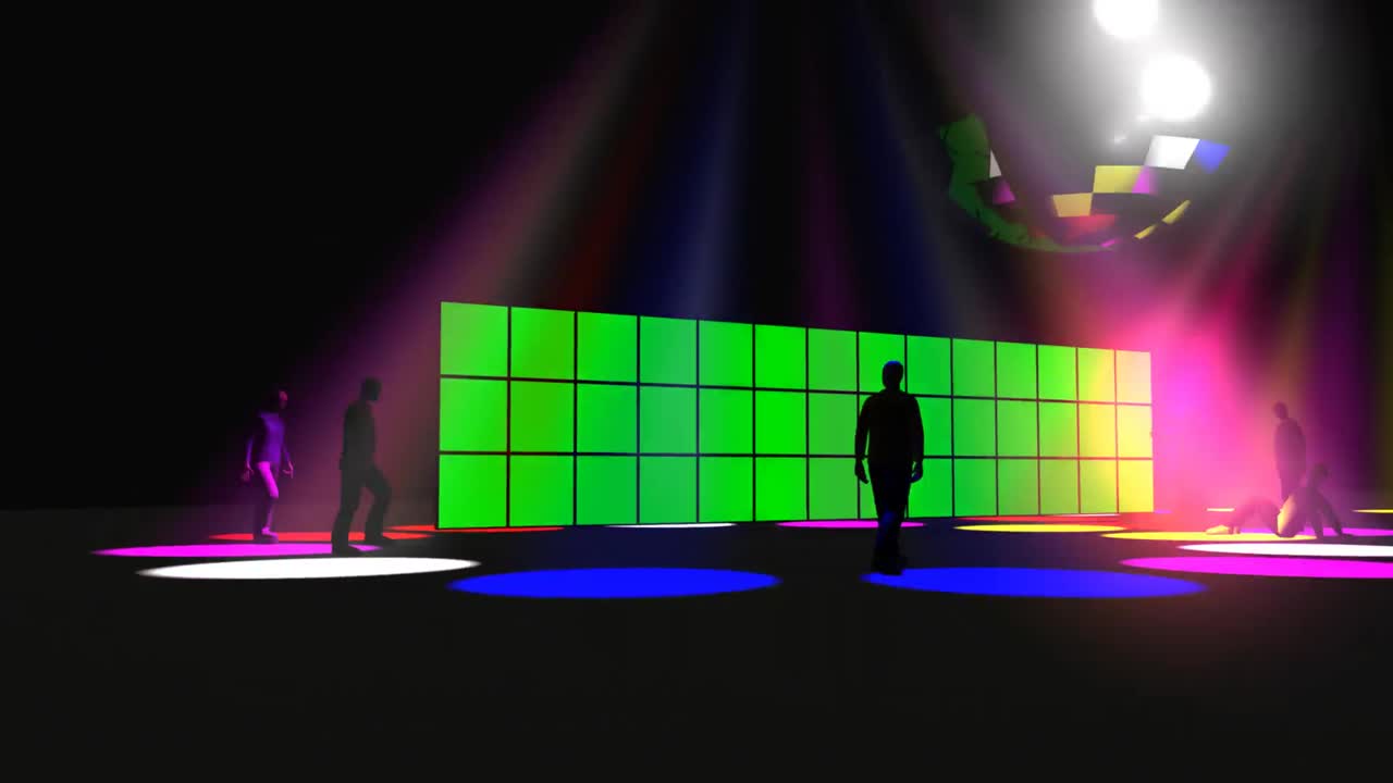 animación 3d de una pantalla verde con una pelota de discoteca