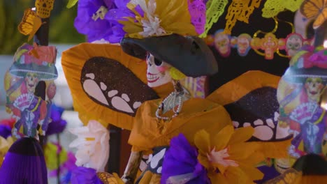 skeleton catrina statue mannequin wearing traditional mexican costume for the day of the death, dia de muertos