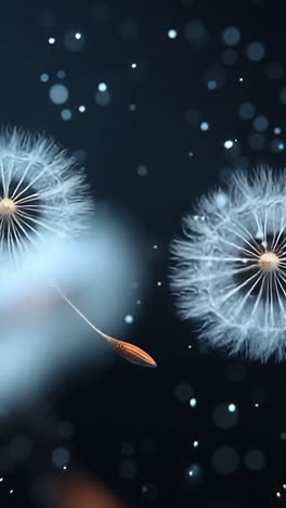 dandelion seeds blowing in the wind. dandelion seeds drift gracefully through the air, illuminated by soft light against a dark background.