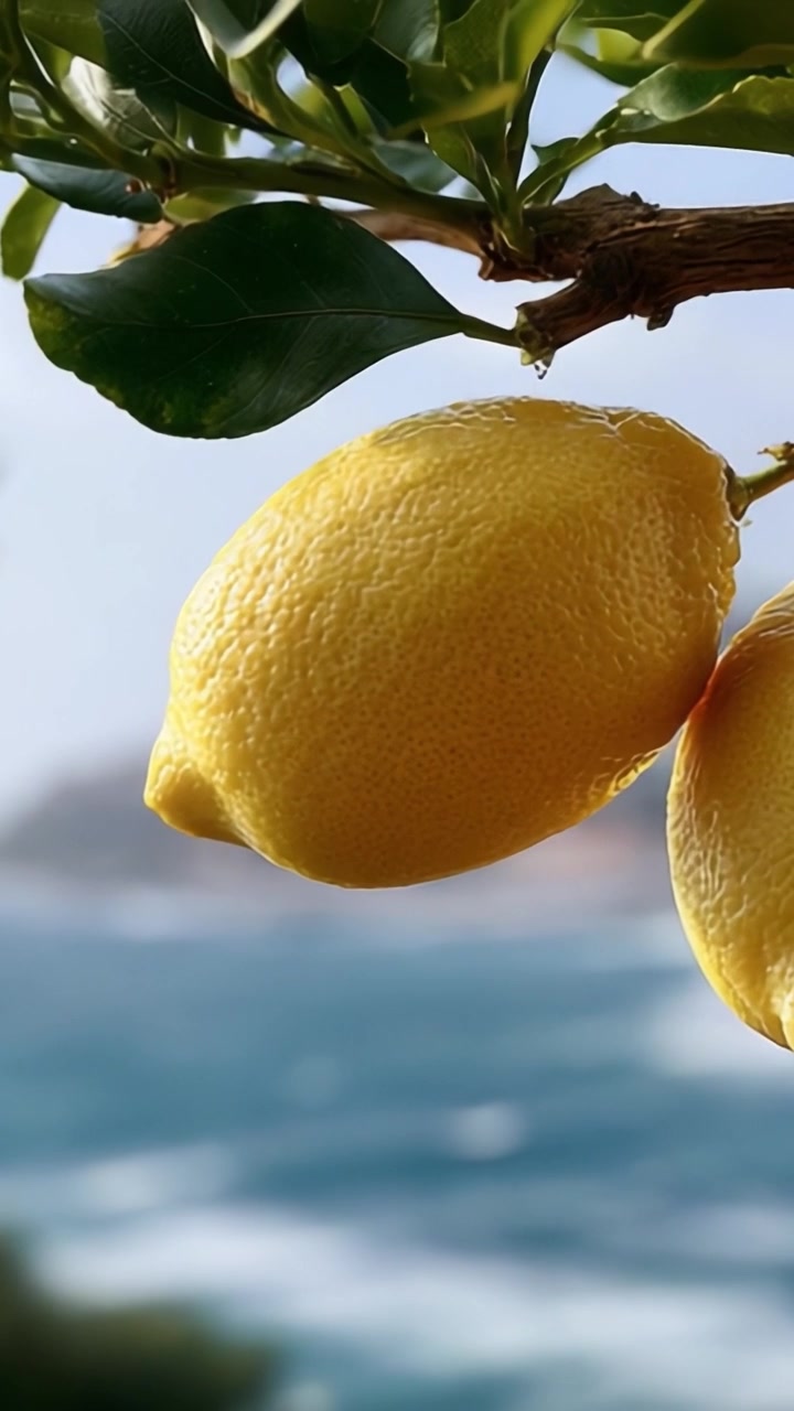 Un primo piano di limoni freschi appesi a un ramo d'albero con uno splendido sfondo di onde e oceano, catturando l'essenza della luminosità della natura e dei colori vivaci.