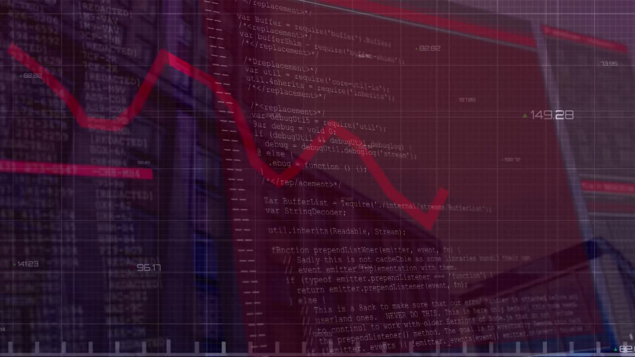 animación de grabación de la línea roja y procesamiento de datos en pantallas sobre edificios modernos