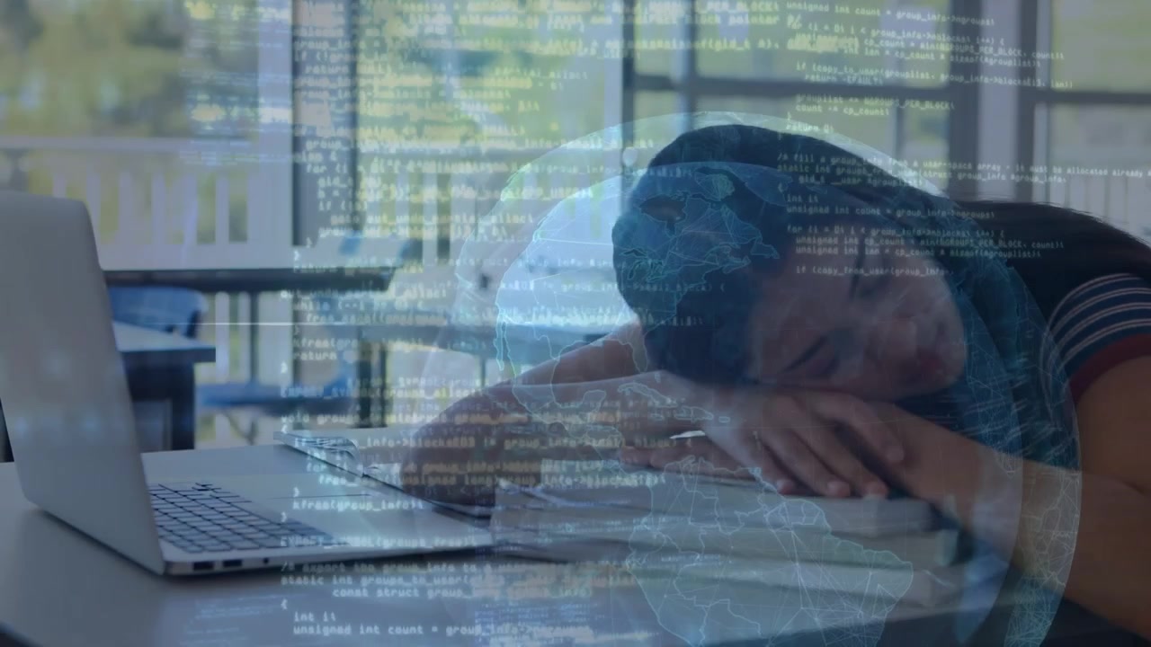 Animation of financial data processing over students using laptop