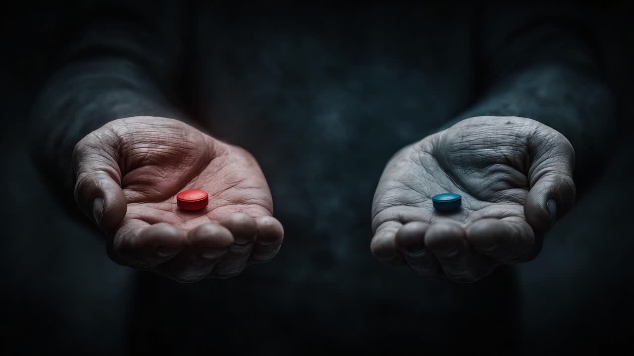 Una scelta drammatica tra due percorsi: pillole rosse e blu che rappresentano decisioni divergenti e le loro conseguenze in un ambiente oscuro e che fa riflettere.