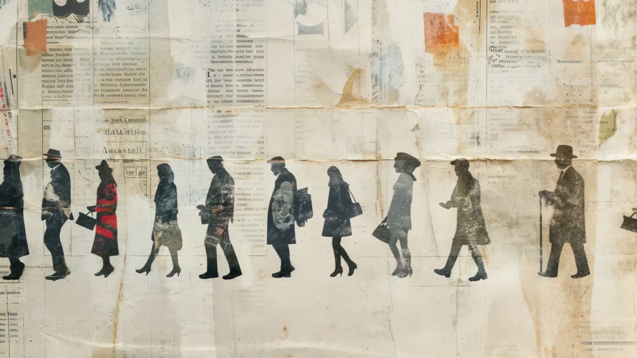 Silhouettes of people walking in profile against a vintage newspaper collage