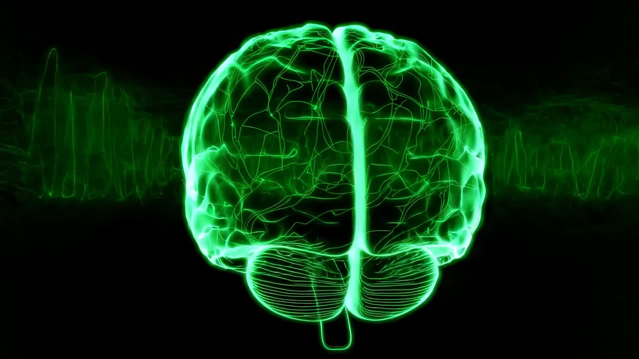 Glowing green wireframe brain looping through left right views in virtual space, syncing waveform