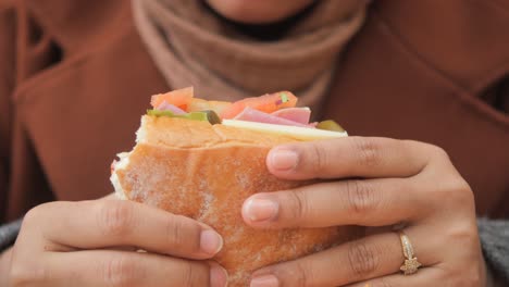 primer plano de la mano de una mujer sosteniendo un sándwich