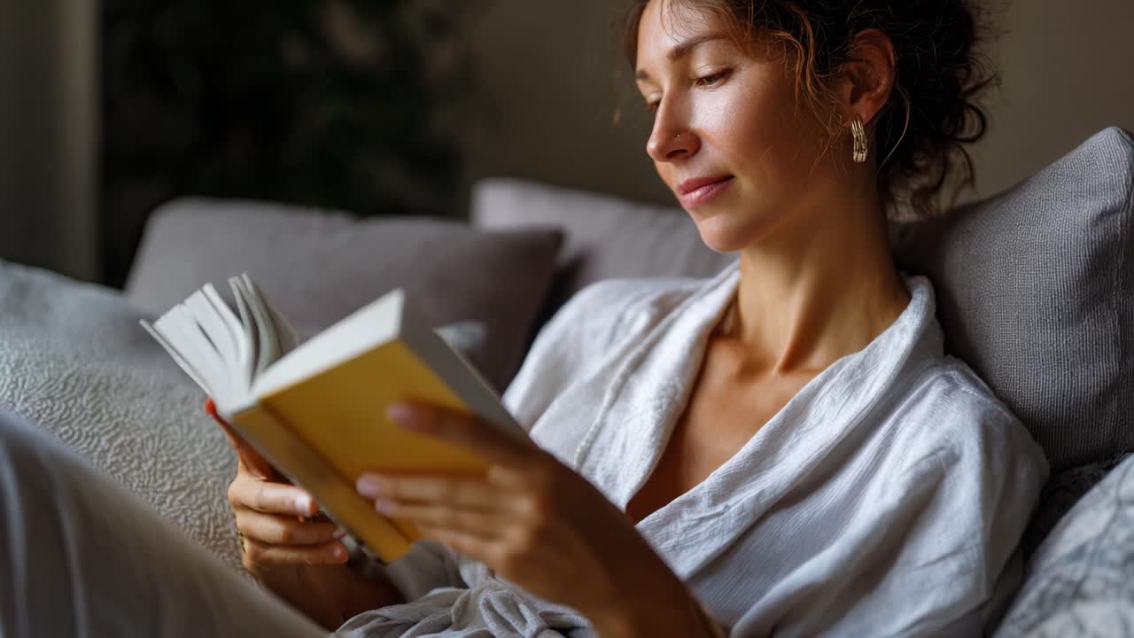 Ein friedlicher Moment, festgehalten: eine Frau, die auf einem Sofa entspannt und in ein Buch vertieft ist, verkörpert Ruhe und die Freude am Lesen zu Hause.