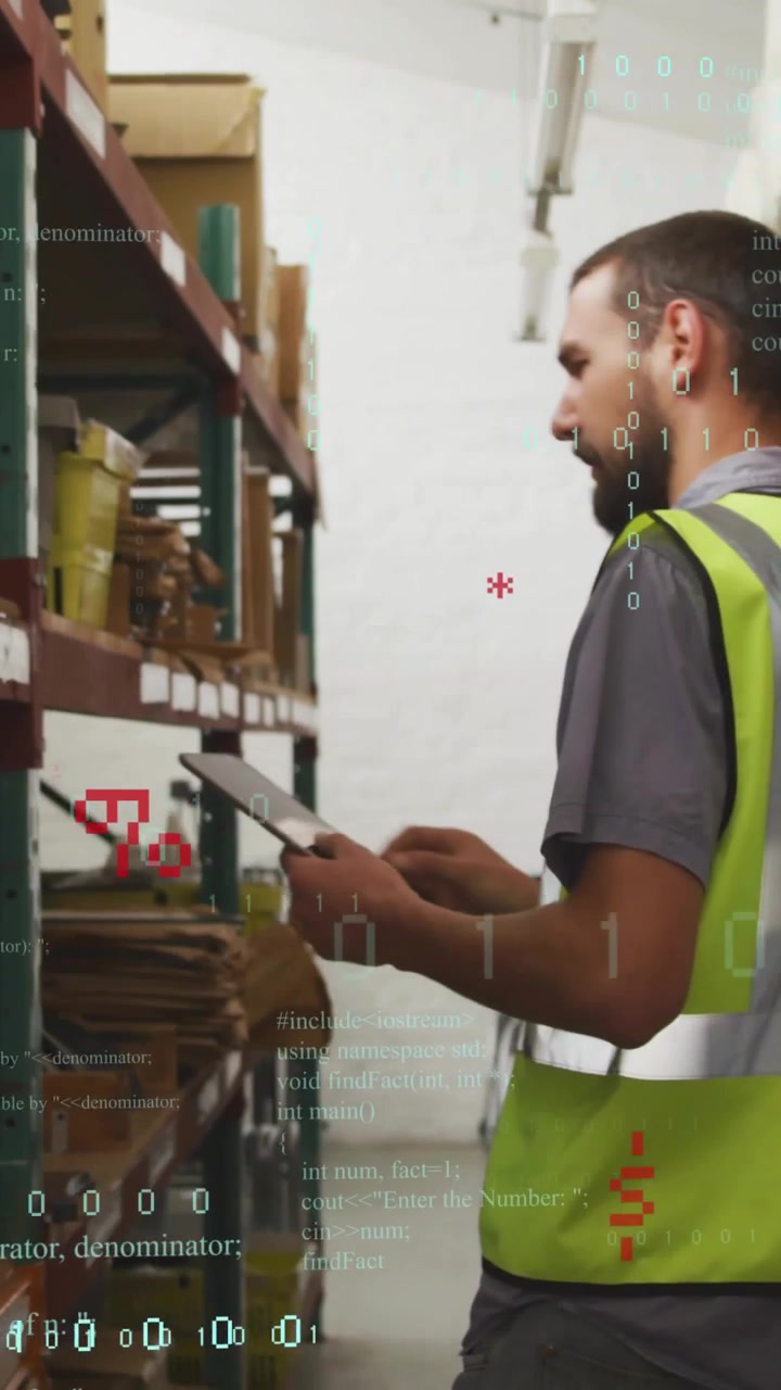 Vertical video: Warehouse picker checking tablet, using grabber picking part with data overlay