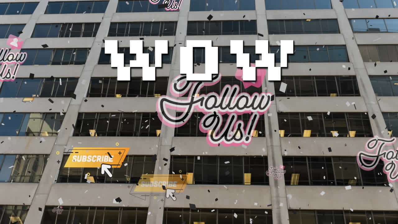 Animazione della scritta "wow", icone dei social media e coriandoli su un paesaggio urbano.