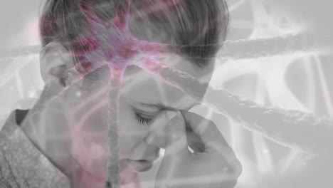 mujer con dolor de cabeza contra células de infección bacteriana 4k