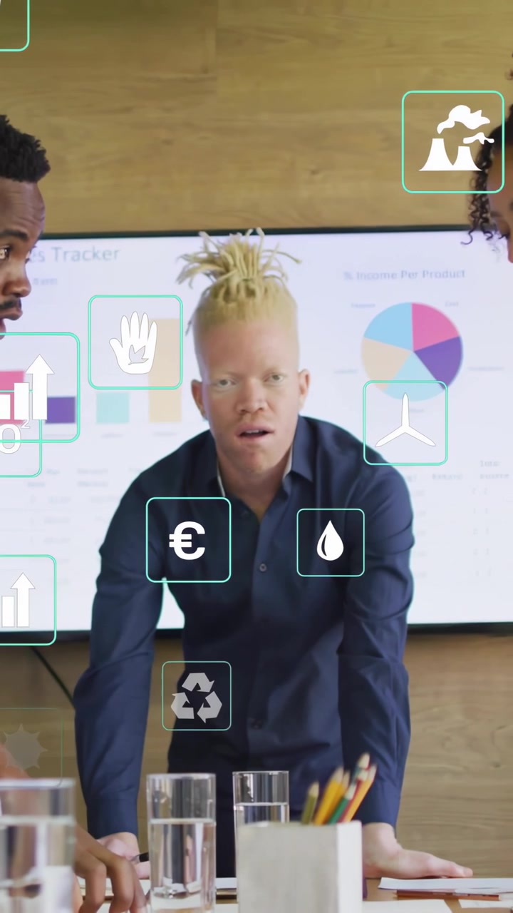Business lead presenting, pointing at screen with bar and pie charts, team sorting, icons floating