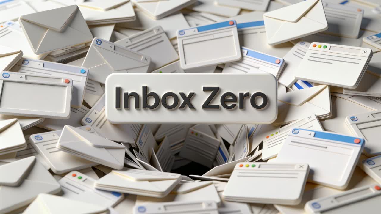 Showing Inbox Zero plaque on desktop tile tilt drawing mail and tabs into funnel clearing messages