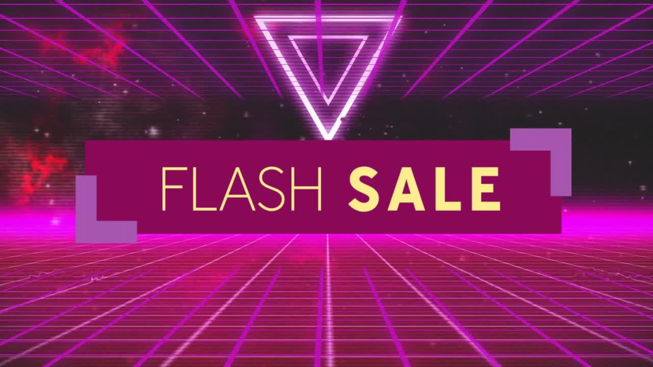 반이는 삼각형과 함께 네온 그리드 배경에 플래시 판매 텍스트 애니메이션