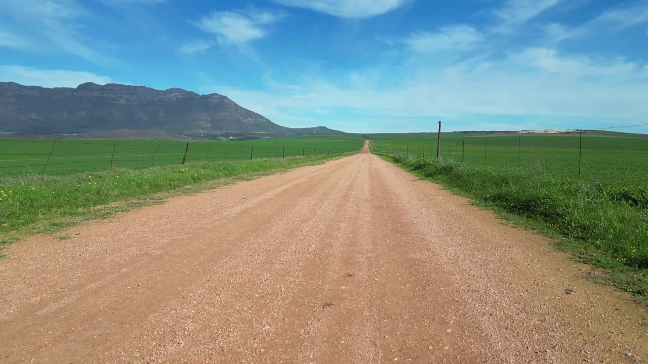 Driving along a dirt road in Swartland region. Wheat fields on either side.