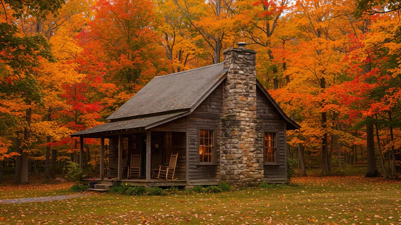 Charming Rustic Cabin Nestled Amidst Vibrant Autumn Foliage, Showcasing the Beauty of Nature's Colors and the Serenity of Cozy Living