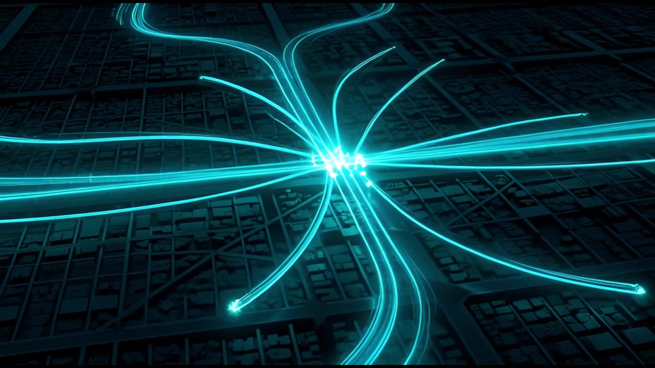 Dati digitali futuristici che scorrono attraverso una rete di mappe urbane astratte