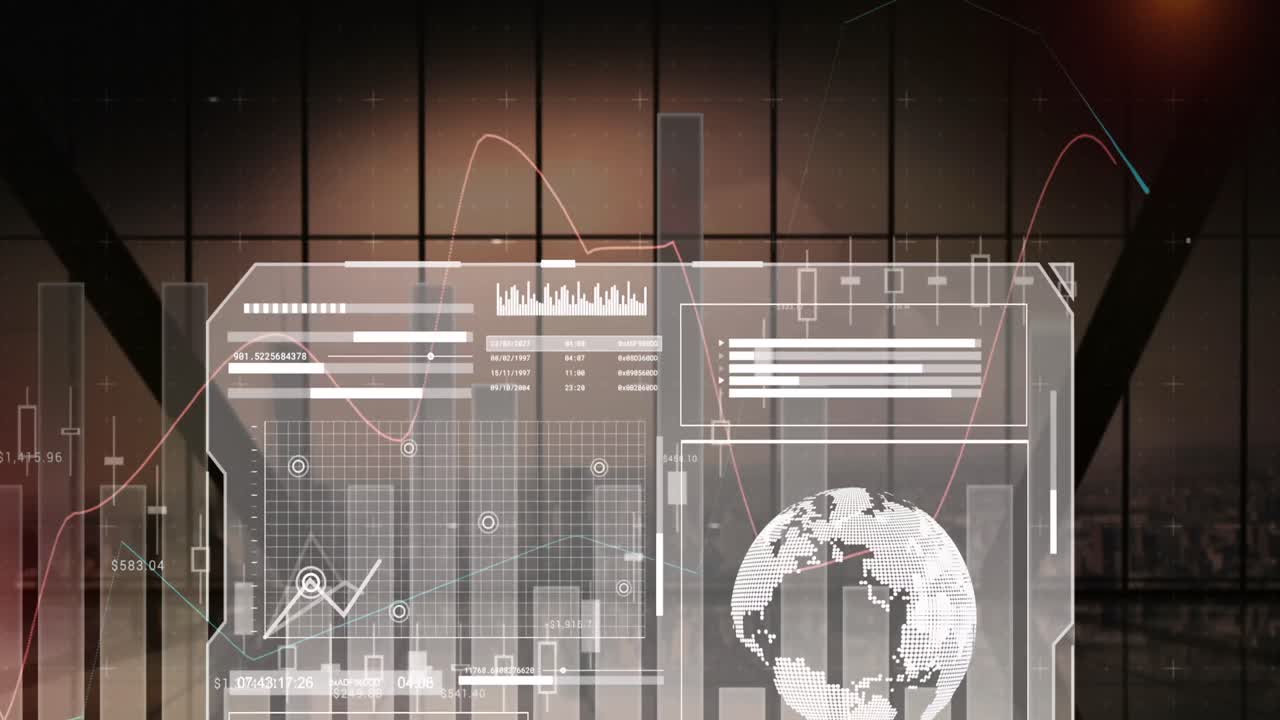 animación del procesamiento de datos financieros sobre el paisaje urbano